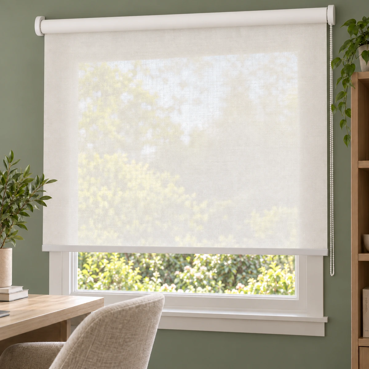 Halbtransparentes Maxirollo 65 in Elfenbein am Fenster eines grünen Arbeitszimmers in Wandmontage über der Fensternische.