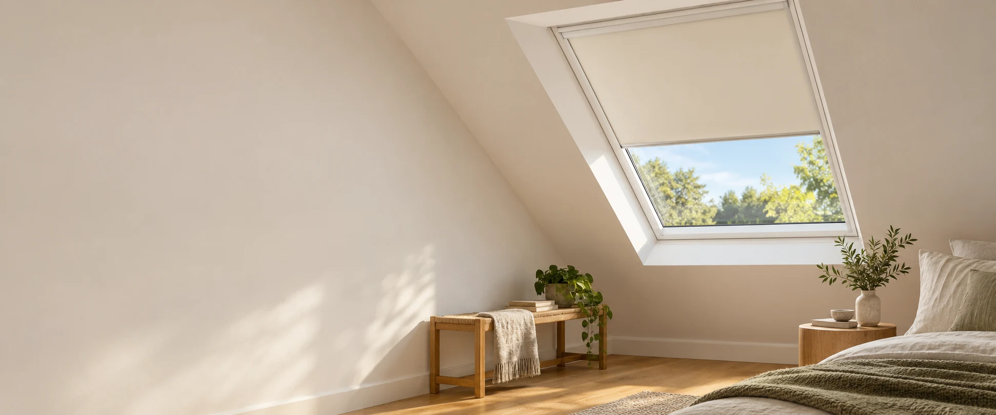 Cremefarbenes Dachfensterrollo im Fenster eines hellen Dachzimmers