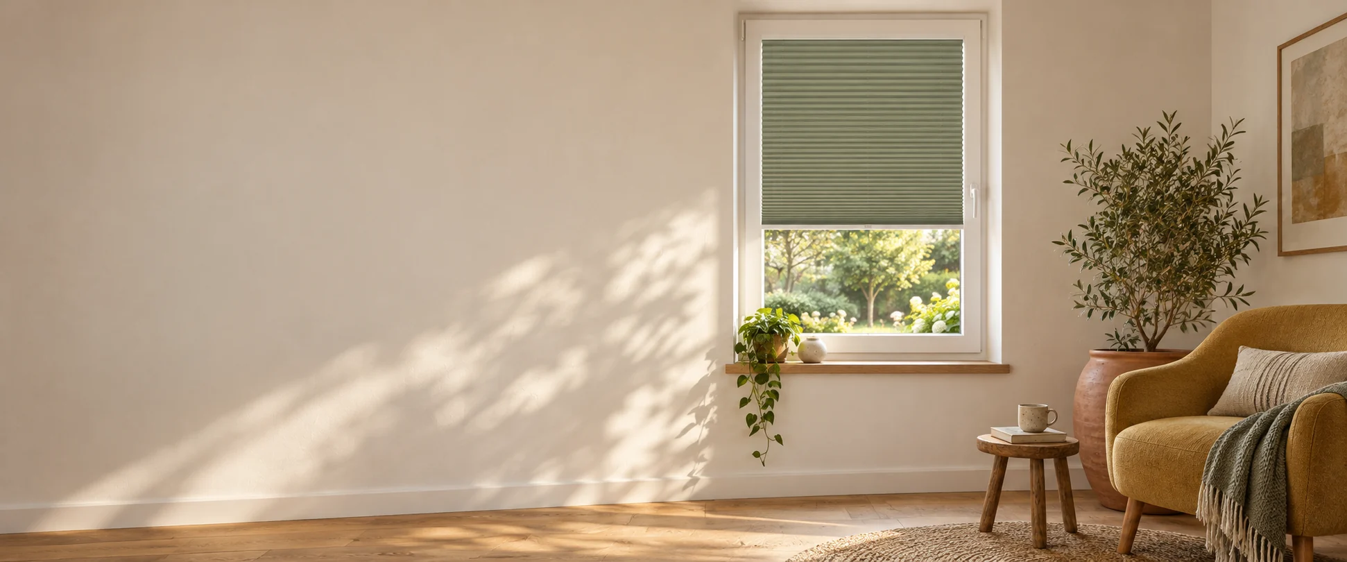 Sagegrünes Plissee am Fenster eines gemütlichen Leseplatzes