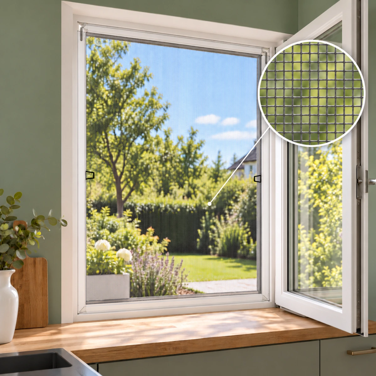 Weißes Fliegengitter ContraLine im offenen Küchenfenster mit Gewebedetail.