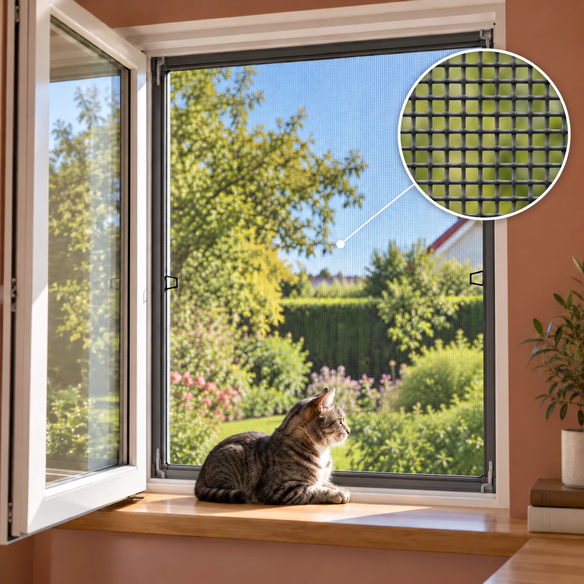 Anthrazitfarbenes Fliegengitter ContraLine kratzfest mit Katze mittig auf der Fensterbank und Gewebedetail.