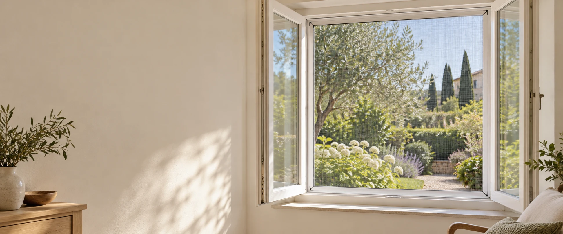 Passgenaues Fliegengitter an einem offenen weißen Fenster mit Blick in den Garten