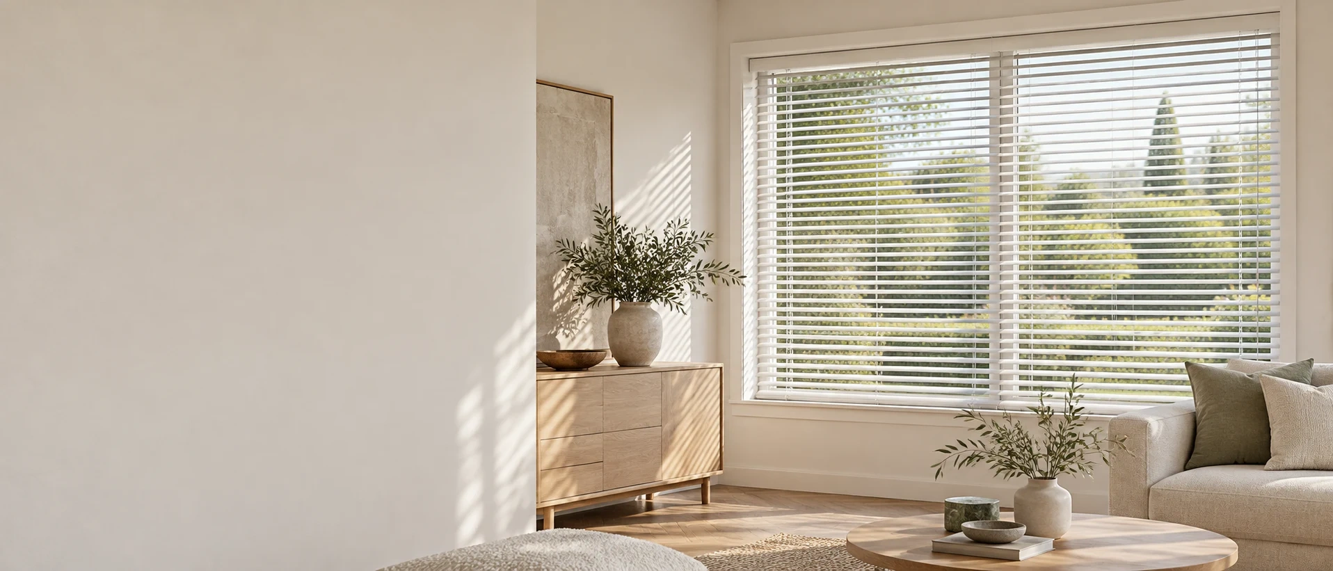 Weiße Aluminiumjalousien am Fenster eines hellen Wohnraums